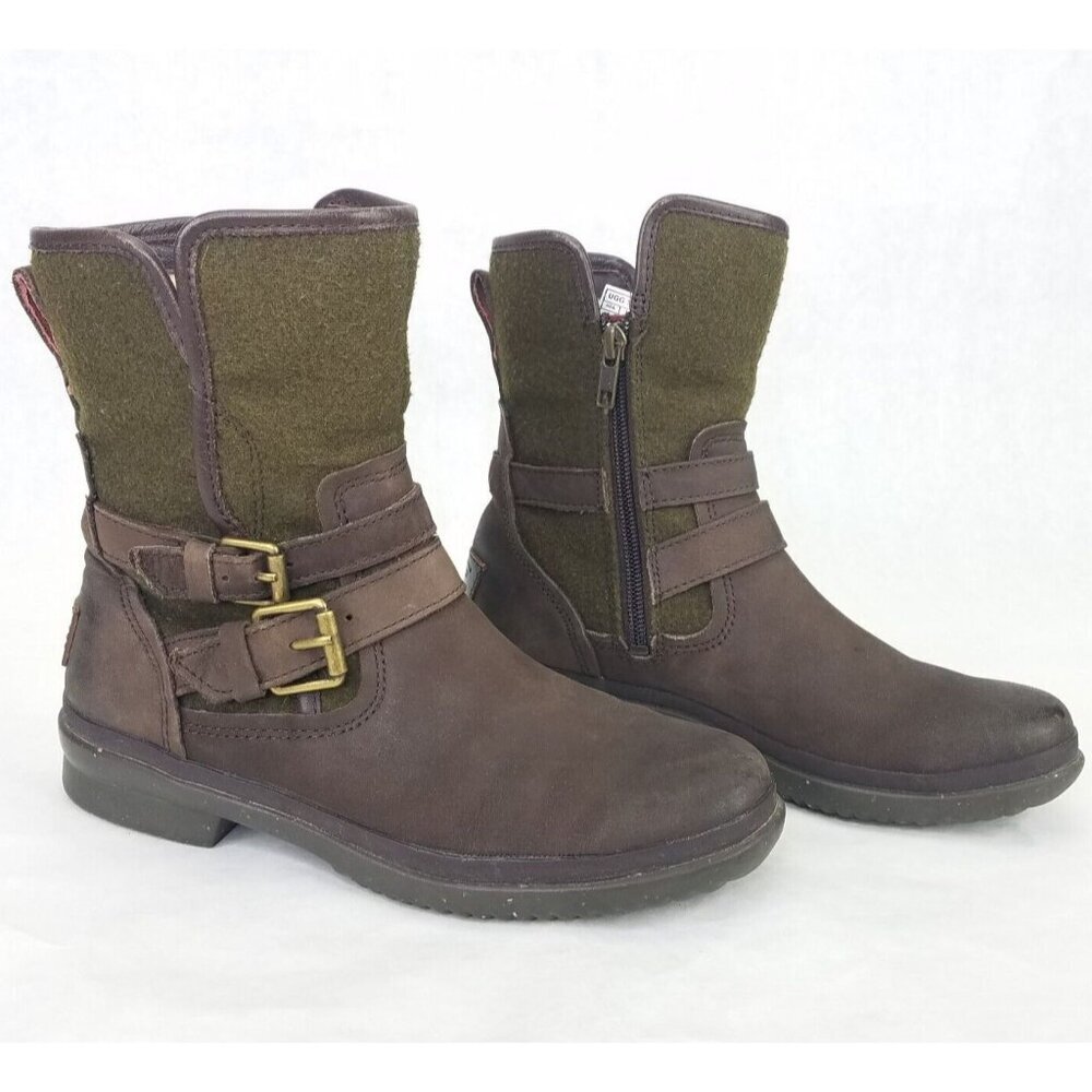 UGG Simmens Boots Women 6 Leather Waterproof Brown Olive Shearling Lining Zip Up